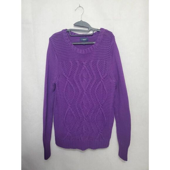 Lands' End Women's Drifter Purple Cable Knit Heavy Cotton Crew Neck Sweater - Picture 2 of 8